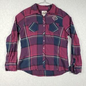 Harley Davidson Womens Flannel Shirt M Long Sleeve Plaid Button Down Moto Street